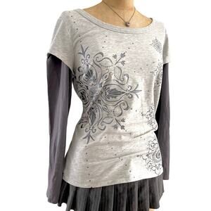 Gitano Y2K White Gray Grunge Fairy Long Sleeve Graphic Top Size XL
